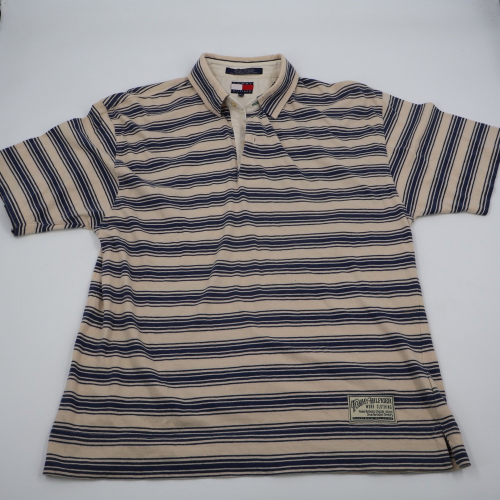 Tommy Hilfiger Rugby Shirt Mens Medium Tan Navy Striped Work Clothing Vintage